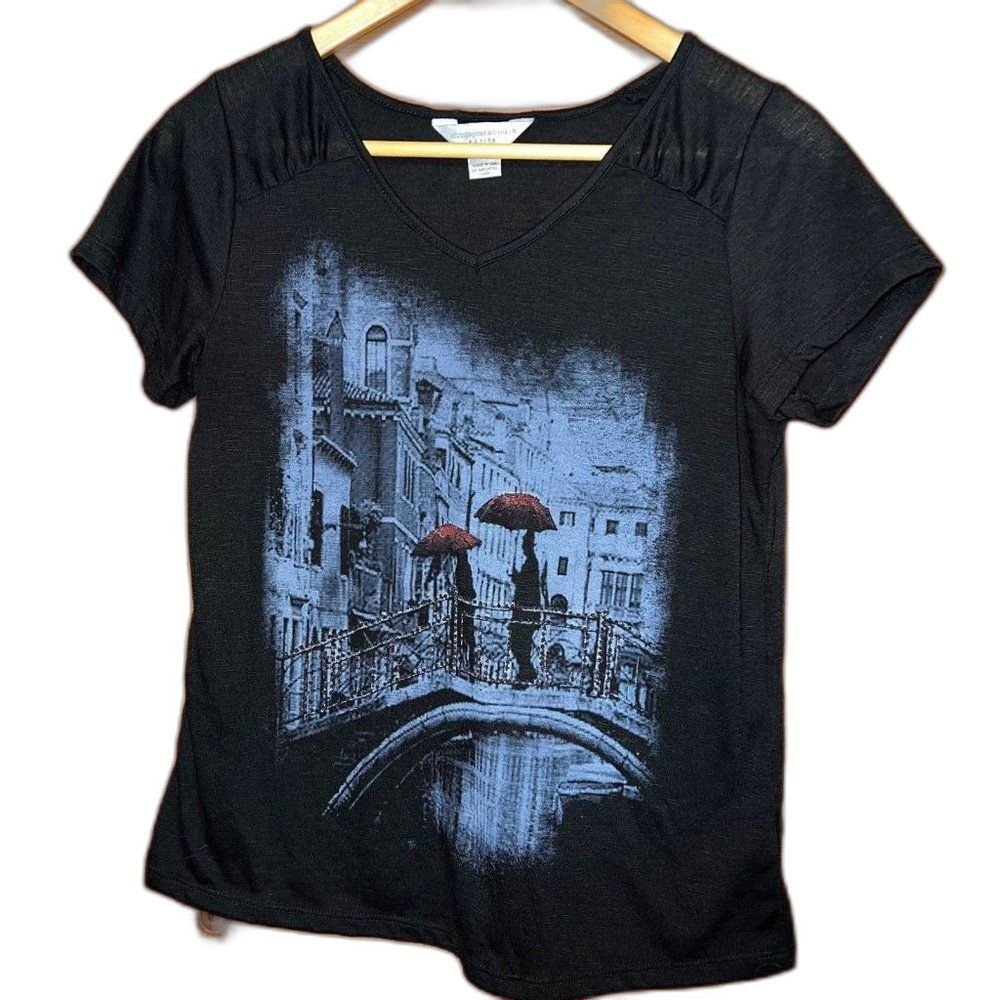 Christopher & Banks Black Umbrella Tee Shirt Top Petite Medium